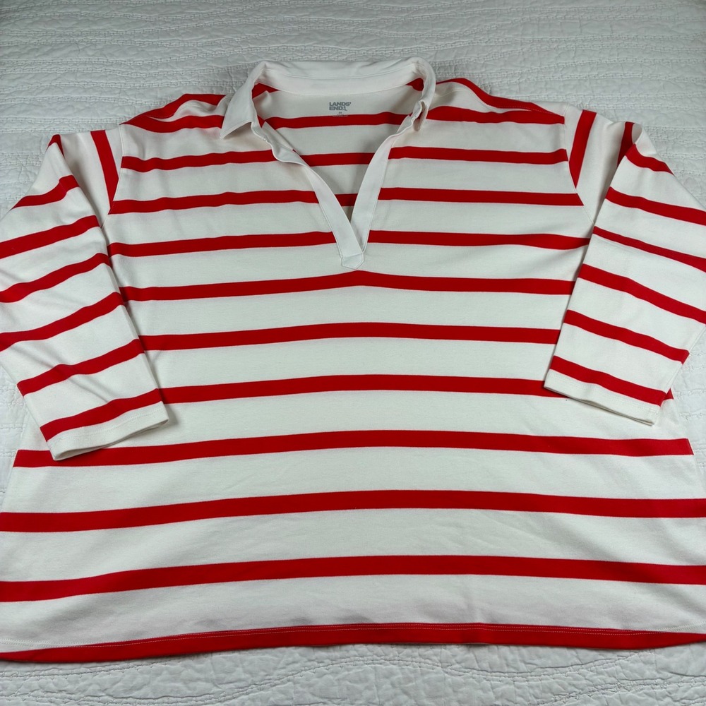 Lands End Rugby Shirt 3X Red White Striped Cotton Split Neck Long Sleeve Top
